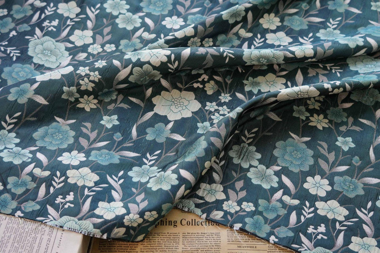 Japanese Floral Rayon Cotton Fabric: Blue Kimono Upholstery, 64"W