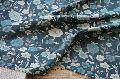 Japanese Floral Rayon Cotton Fabric: Blue Kimono Upholstery, 64"W