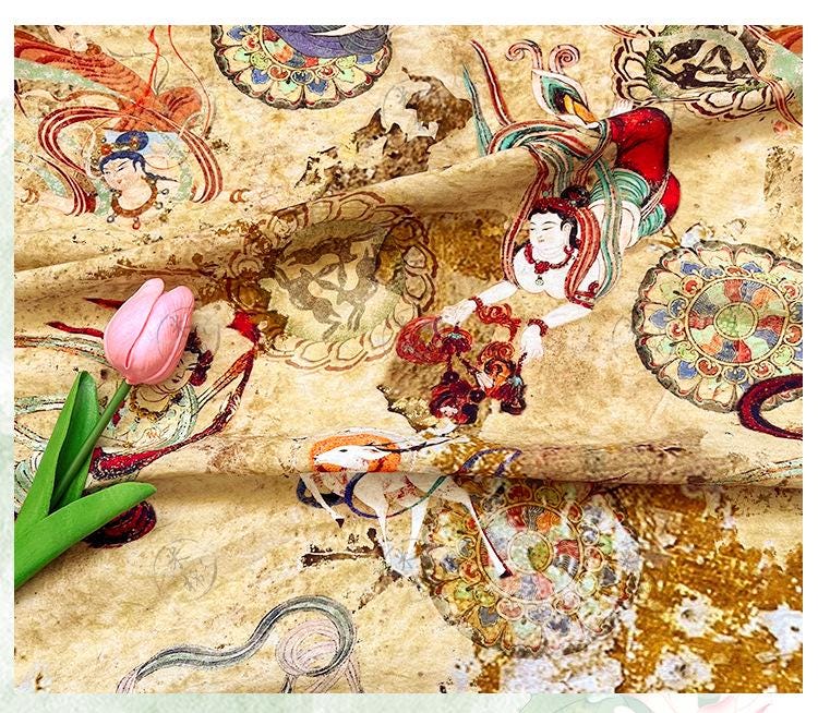 Dunhuang Flying Apsaras Fabric: Oriental Art Cotton Print for Sewing