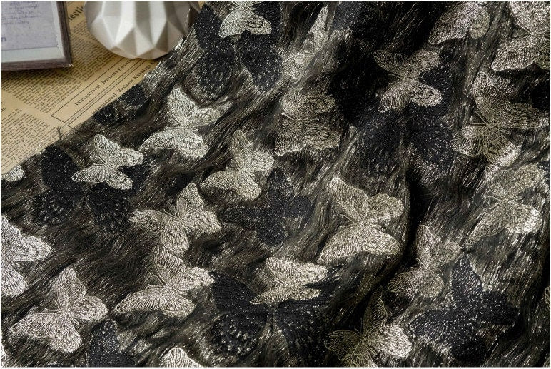 Gold Thread Butterfly Jacquard Fabric: 3D Texture, 56" Wide