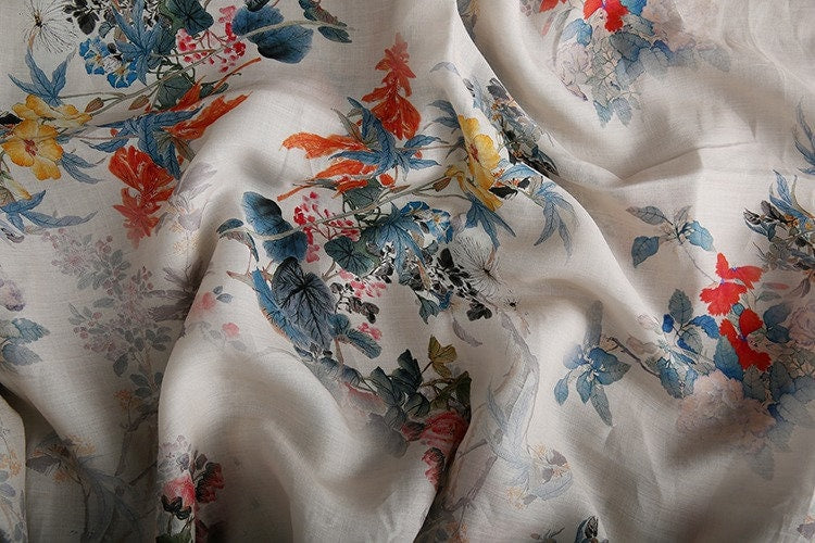 Floral Ramie Fabric: Ancient Ink Painting Print, 57" Wide
