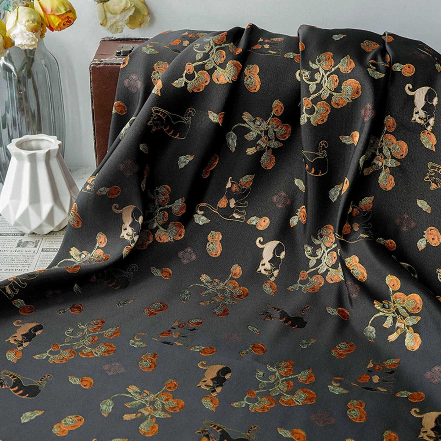 Luxury Cat & Persimmon Jacquard Fabric with Gold Accents for Handbags, 65"Wide