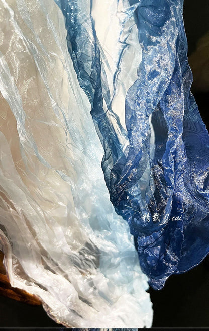 Blue Gradient Organza Fabric: Irregular Pleats, 55" Wide