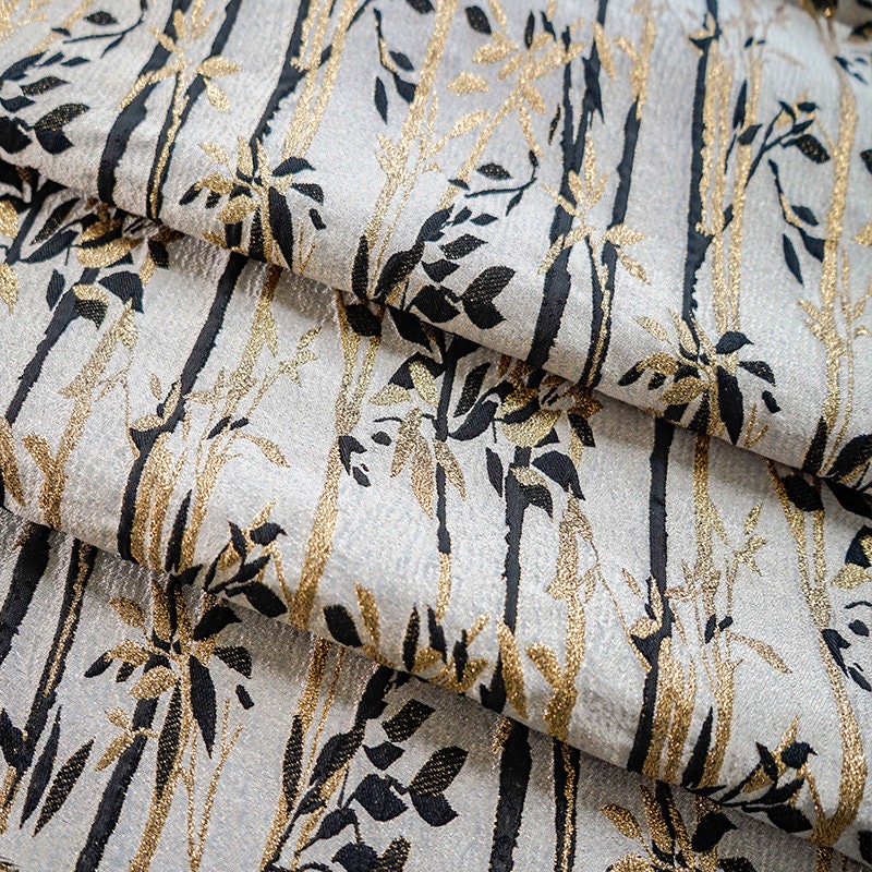 Gold Thread Bamboo Jacquard Fabric: 3D Designer Upholstery, 55" Wide