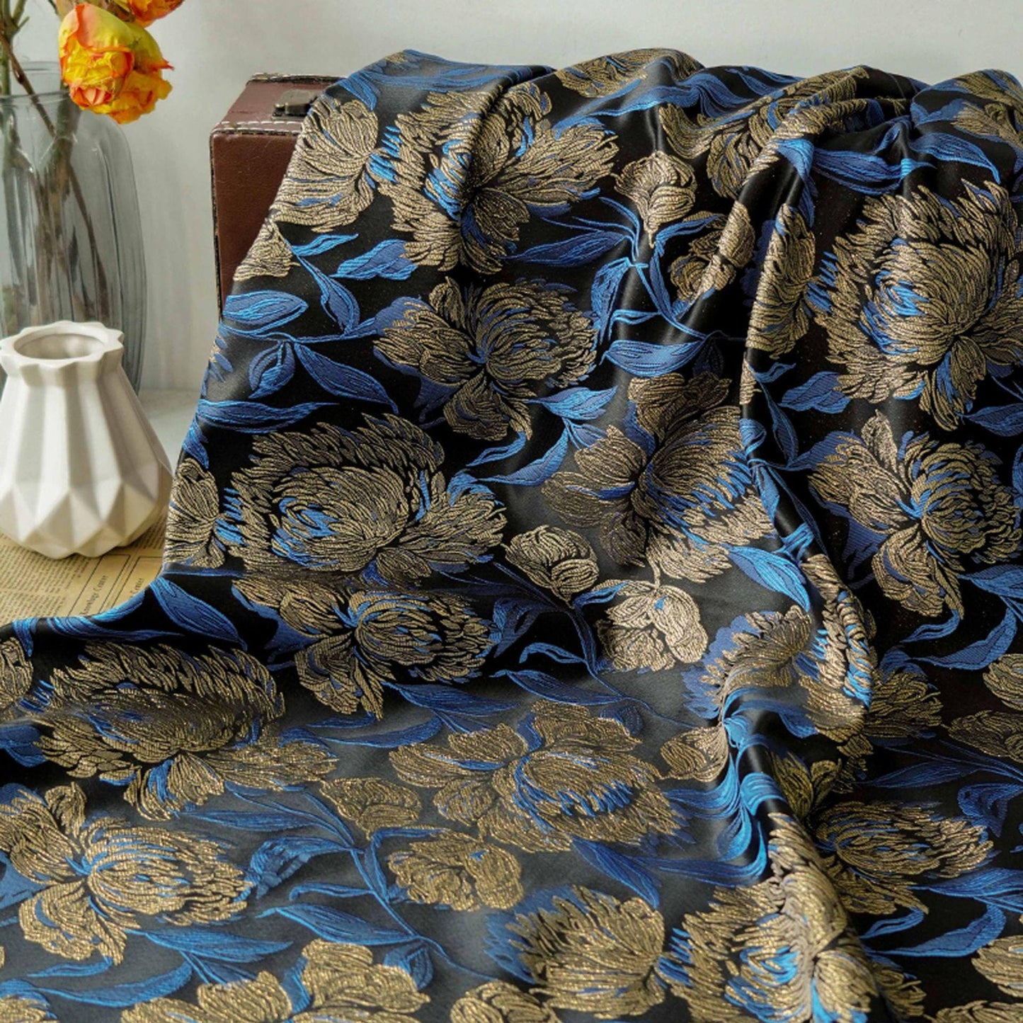 Gold Thread Floral Jacquard Fabric: Vintage Palace Designer Fabric, 62" Wide
