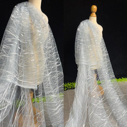 Embroidered Sequin Lace Fabric: Light Blue-Gray Tulle, 59" Wide