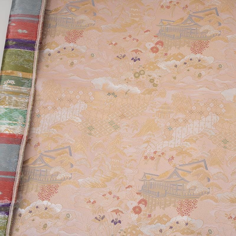 Nishijin Ori Brocade Fabric: 59"W Japanese Pavilion Pattern Satin