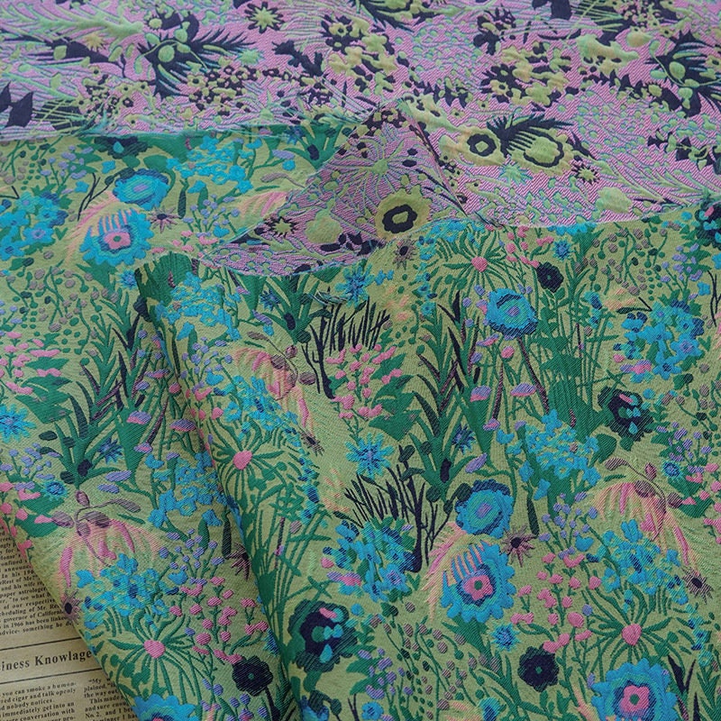 Floral Jacquard Woven Fabric: Reversible 3D Green Flower Pattern, 54"W