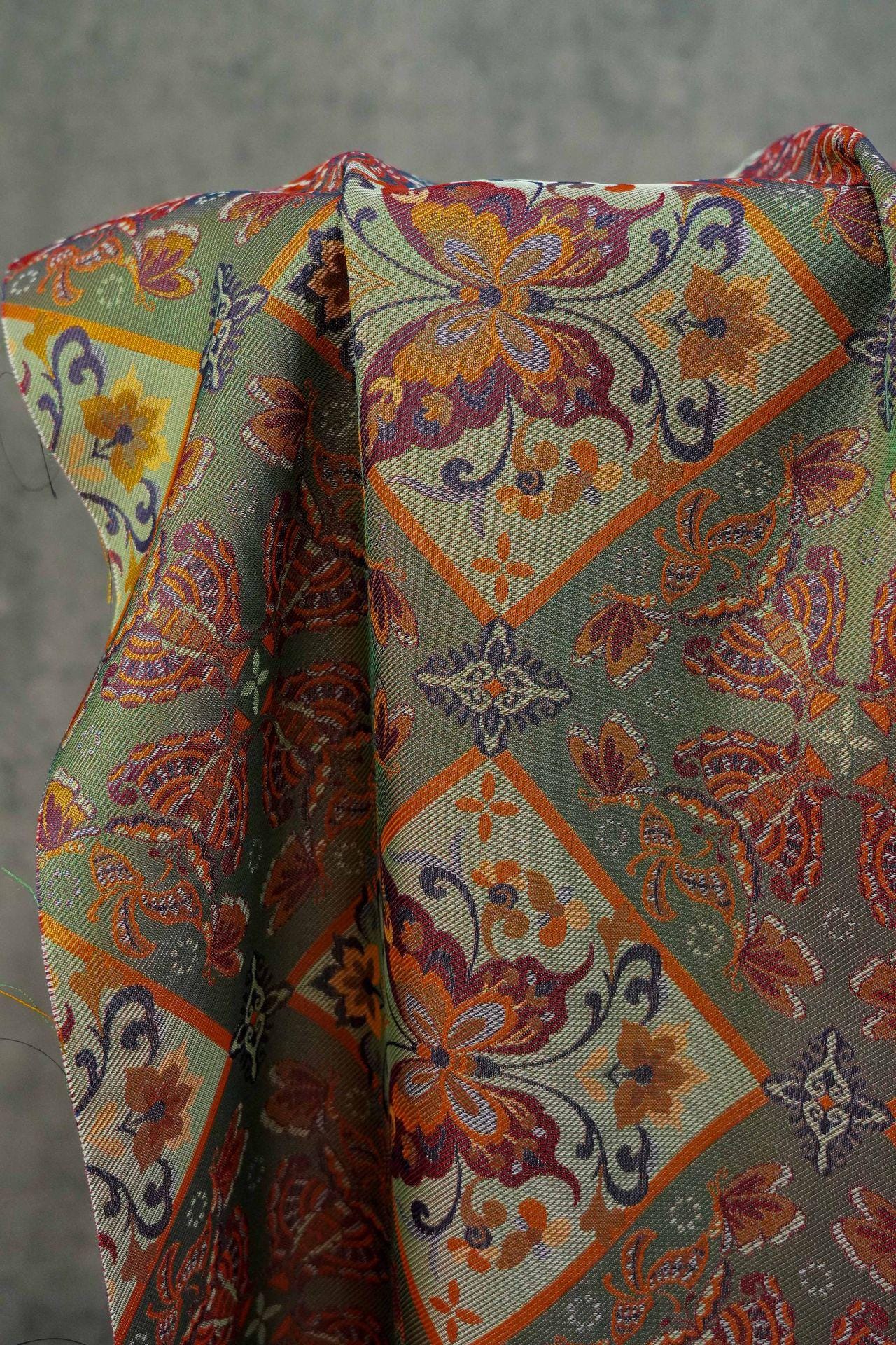 Butterfly Floral Jacquard Fabric: Ethnic Green Iridescent Sewing Material (59"W, By The Meter)