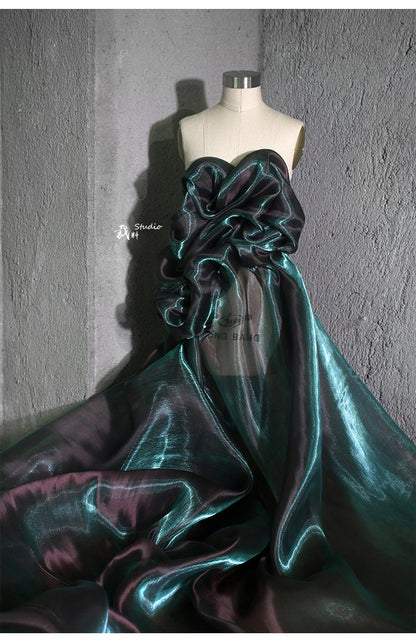 Aurora Green Glitter Organza Fabric: Luxury Sheer Wedding Material