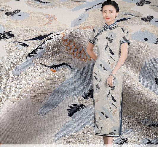 Crane Jacquard Satin Brocade Fabric: Retro Chinese Sewing Material