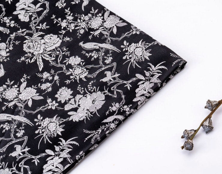 Red Brocade Fabric: Bird Peony Jacquard, Cheongsam Sewing Material (29.5" W)