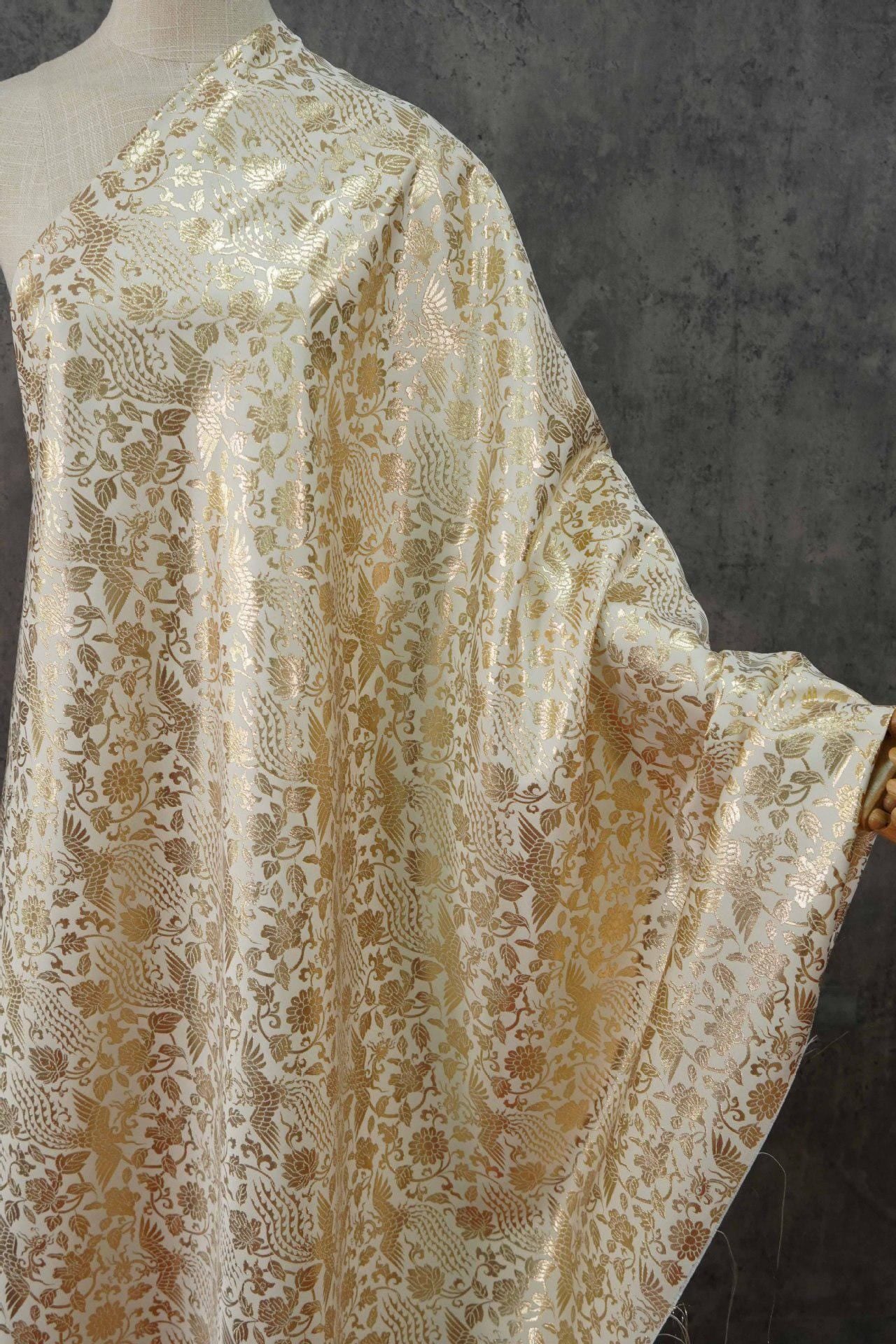 Gold Thread Jacquard Fabric: 3D Foil Flower Texture, 63" Wide - By The Meter