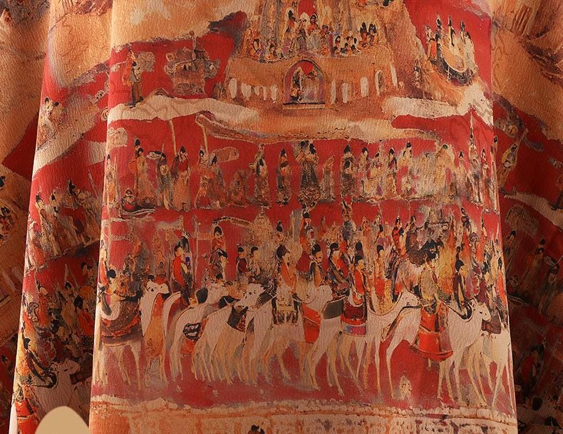 Ancient Chinese Palace Outing Print: 58" Gambiered Canton Gauze Satin Fabric