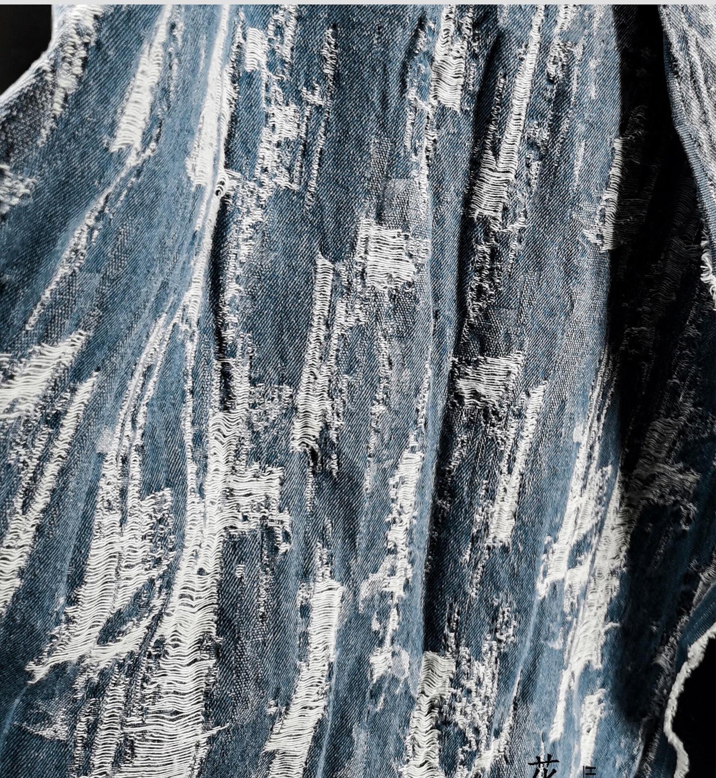 Blue Distressed Denim Jacquard Fabric: Washed Textured Design, 55"W