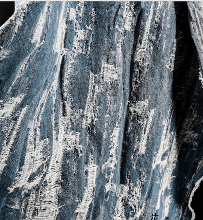 Blue Distressed Denim Jacquard Fabric: Washed Textured Design, 55"W