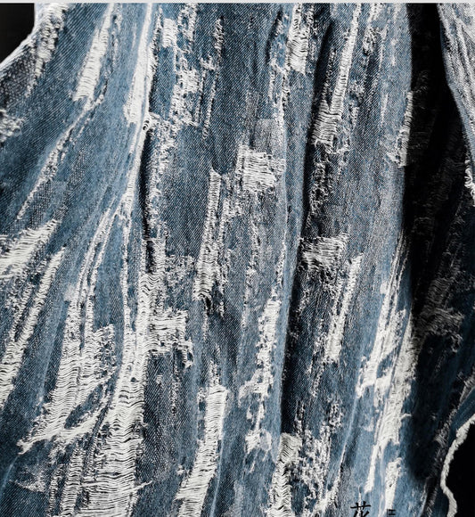 Blue Distressed Denim Jacquard Fabric: Washed Textured Design, 55"W