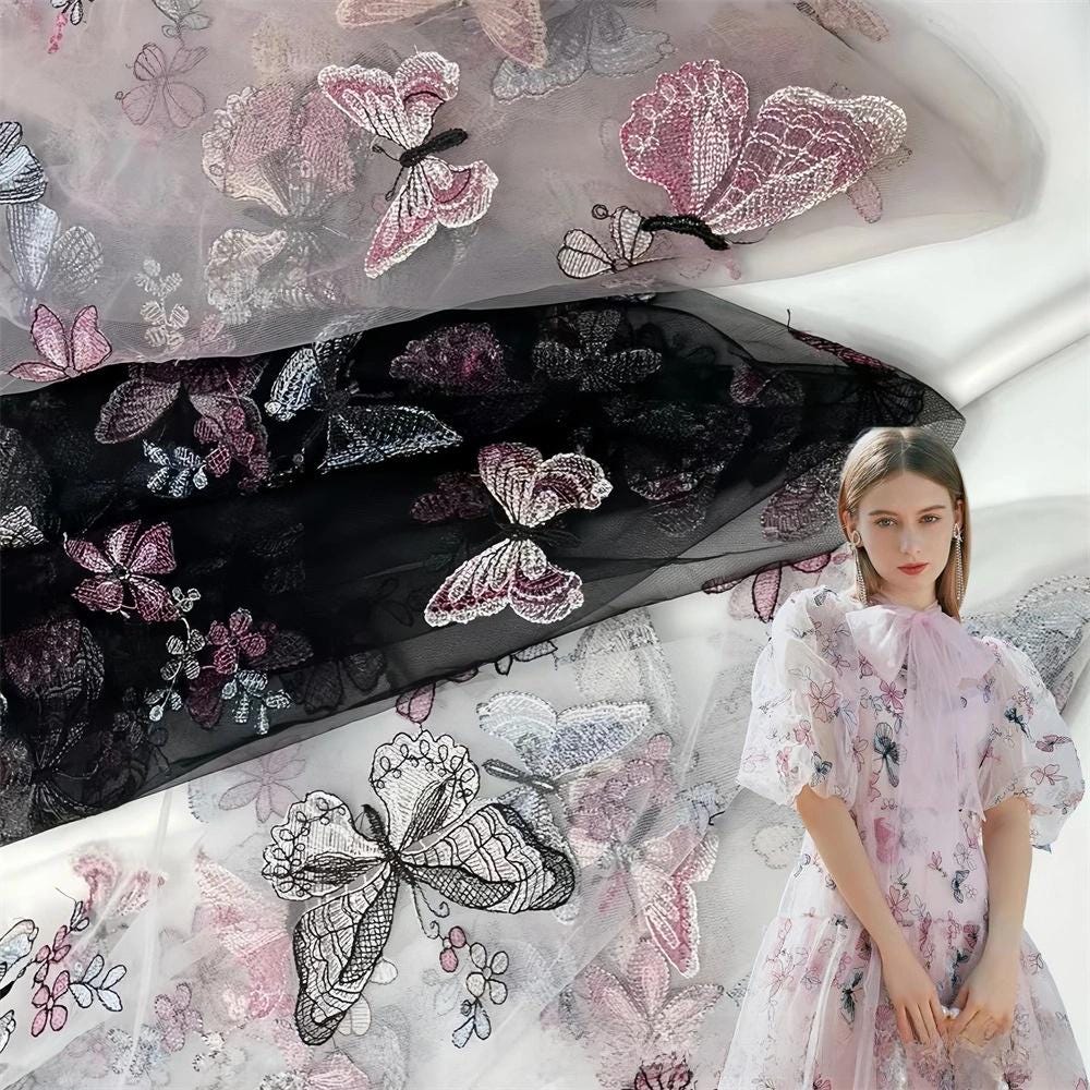Embroidered Butterfly Lace Fabric: Sequin Tulle Mesh, 59" Wide