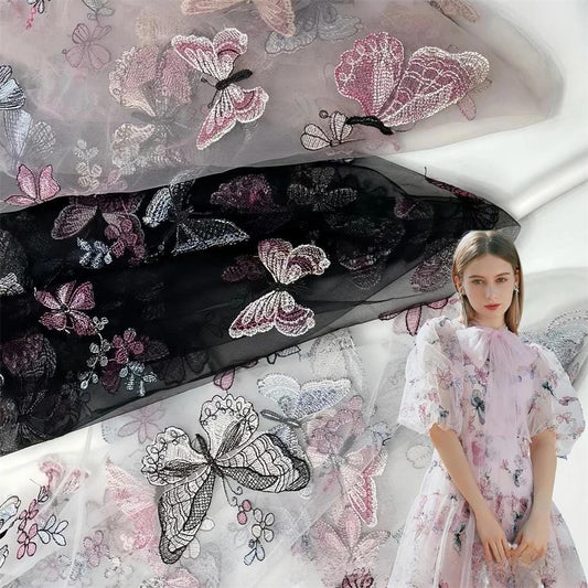 Embroidered Butterfly Lace Fabric: Sequin Tulle Mesh, 59" Wide