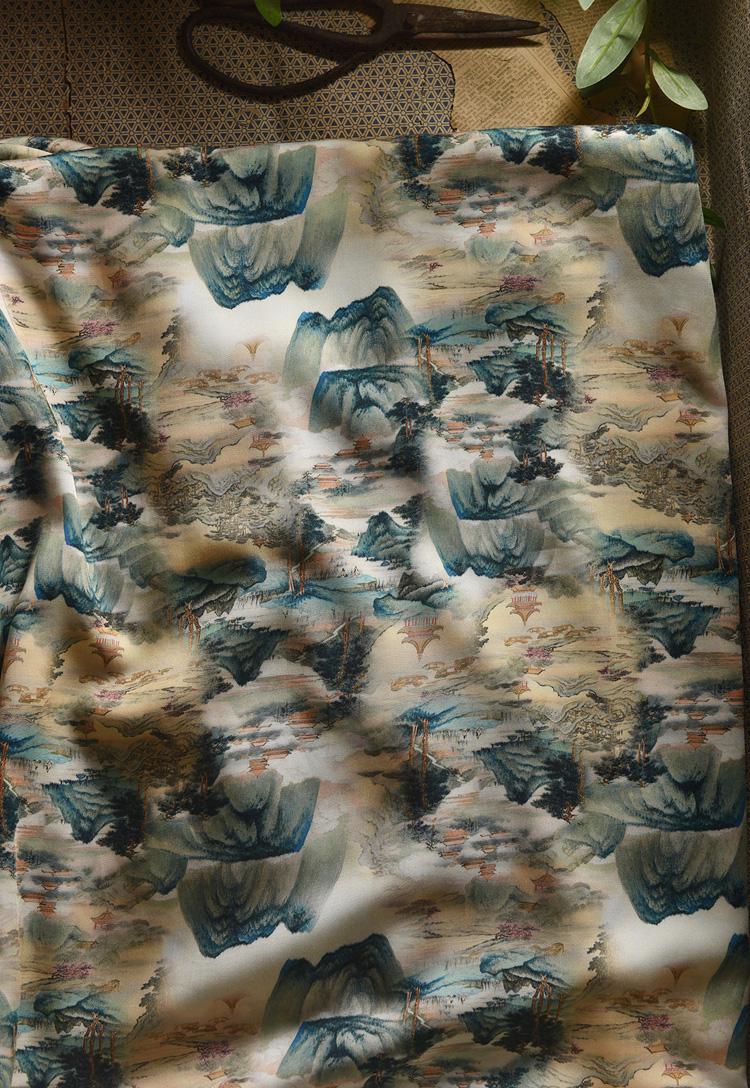 Tissu en coton à motif de peinture à l'encre de Chine : paysage ancien, 140 cm de large