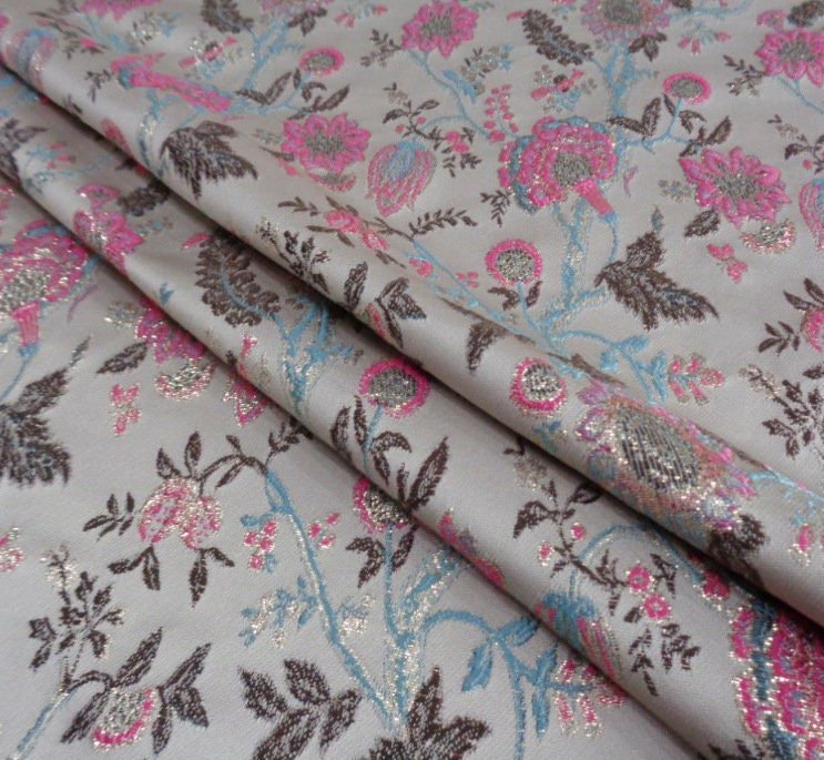 Pink & Blue Celosia Flower Gold Jacquard Fabric: 57" Wide - Poppylollipop