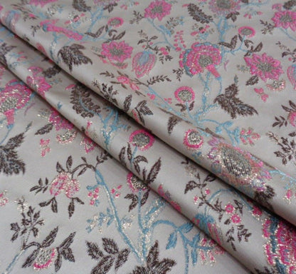 Pink & Blue Celosia Flower Gold Jacquard Fabric: 57" Wide - Poppylollipop