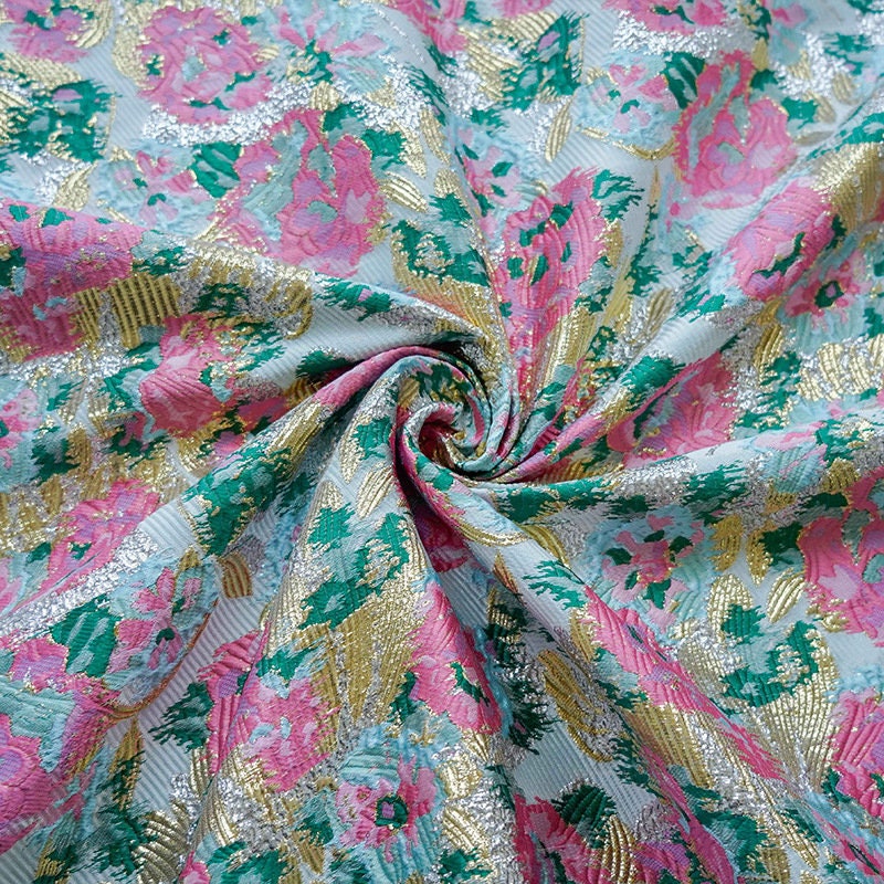 Gold Thread Woven Jacquard Fabric: 3D Embossed Floral, 59"W