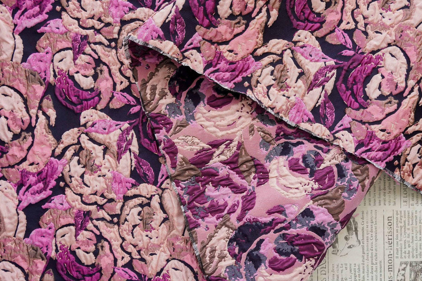 Embossed Rose Jacquard Fabric: Pink Purple Floral Brocade (60" Wide)