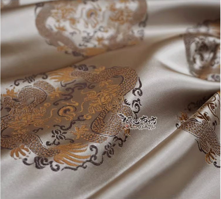 Champagne Chinese Dragon Silk Brocade Fabric: Costume & Decor, 29.5"W