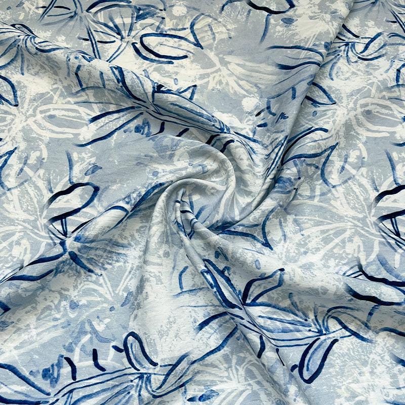 Tissu satin de coton imprimé numérique bleu – Tissu doux pour robes, patchwork, couture DIY, loisirs créatifs, motifs floraux et abstraits, 59 cm
