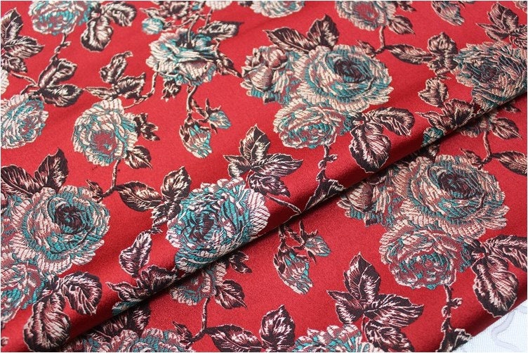 Red Peony Flower Brocade Fabric: Chinese Silk Wedding Fabric