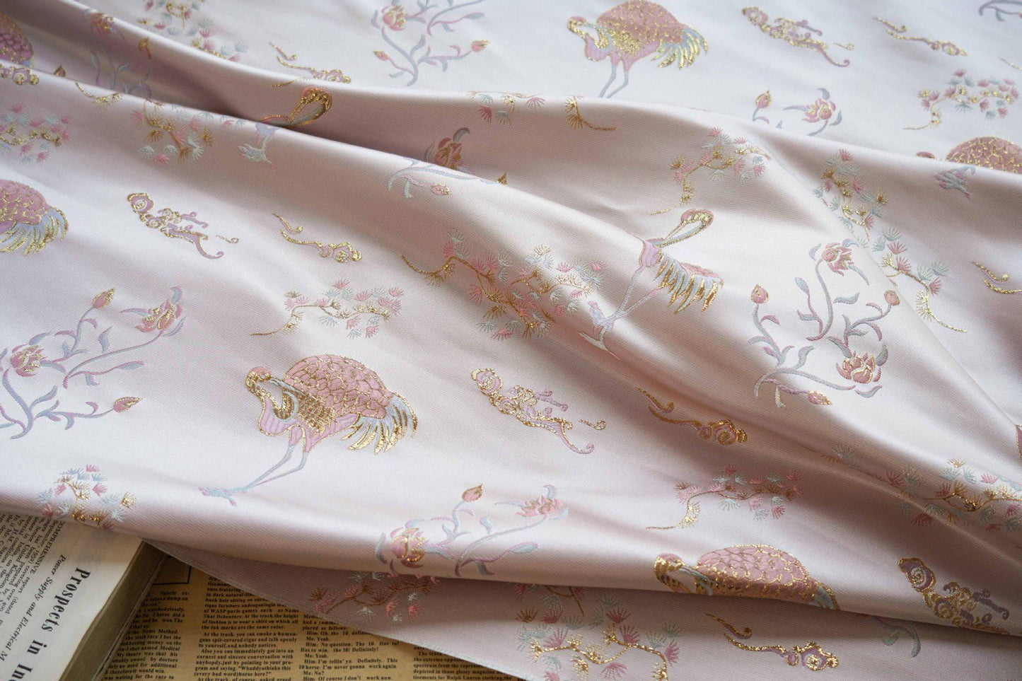 Metallic Brocade Fabric: Damask Jacquard Satin with Crane Design - 57"W