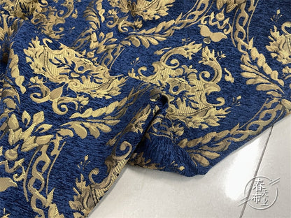 Tissu Jacquard Palais Bleu et Or : Damas de 55 po de large pour ameublement