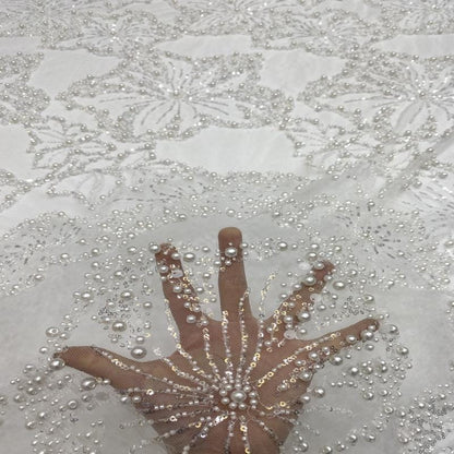 Pearl & Sequin Embroidered Fabric ��� 4/6/8mm Beads, Luxury Bridal Gown Material, Wedding Dress, Couture Sewing, High-End Fashion Fabr"W