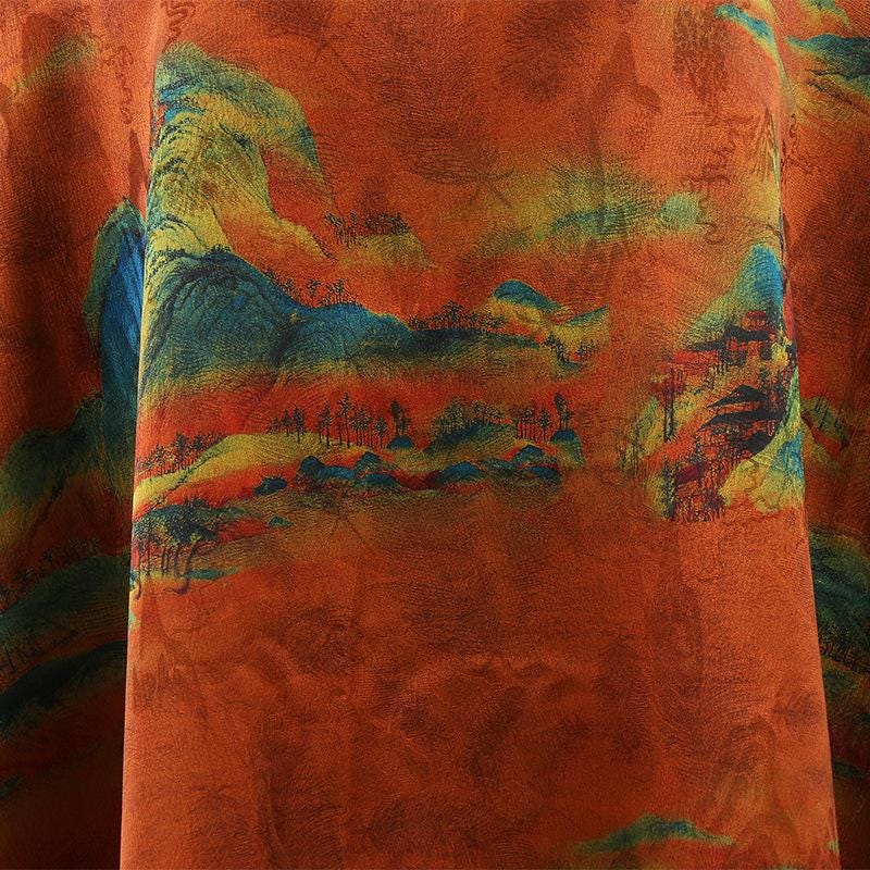 Mountain Print Tea Silk Satin Fabric: 59"W Upholstery & Costume