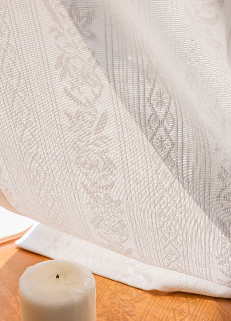 Embroidered White Veil Curtain Fabric: Japanese Style, Light Blocking (108"H)