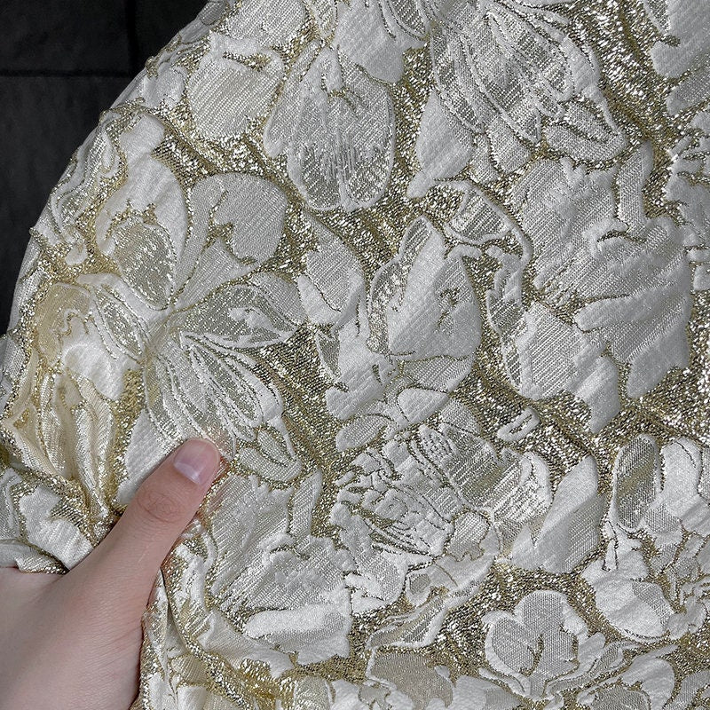 Gold Embossed Jacquard Fabric: 53"W Floral Upholstery Fabric