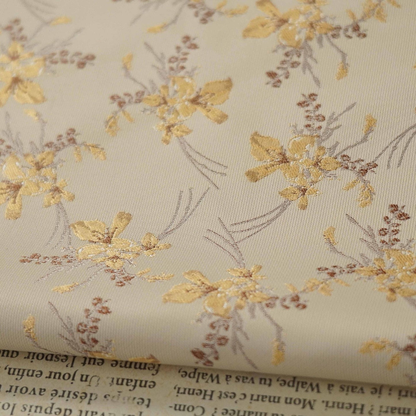 Beige Metallic Floral Jacquard Fabric: Reversible Woven Upholstery, 63"W