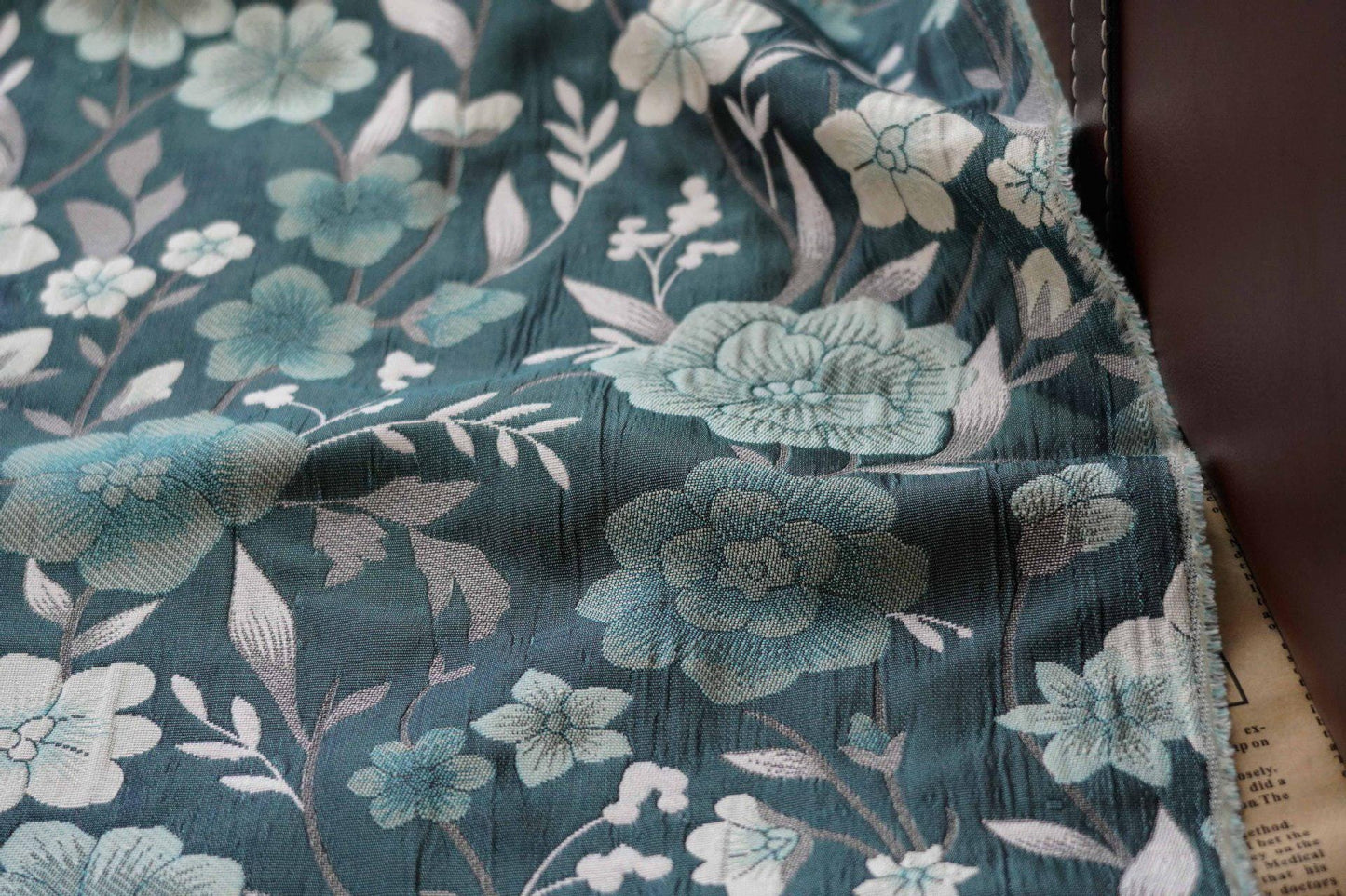 Japanese Floral Rayon Cotton Fabric: Blue Kimono Upholstery, 64"W