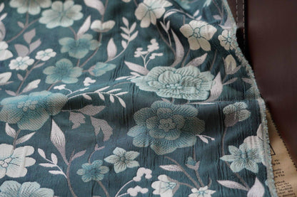Japanese Floral Rayon Cotton Fabric: Blue Kimono Upholstery, 64"W