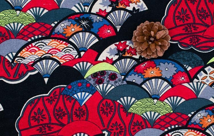 Japanese Fan Fabric: Multicolor Cotton Linen, 59" Wide