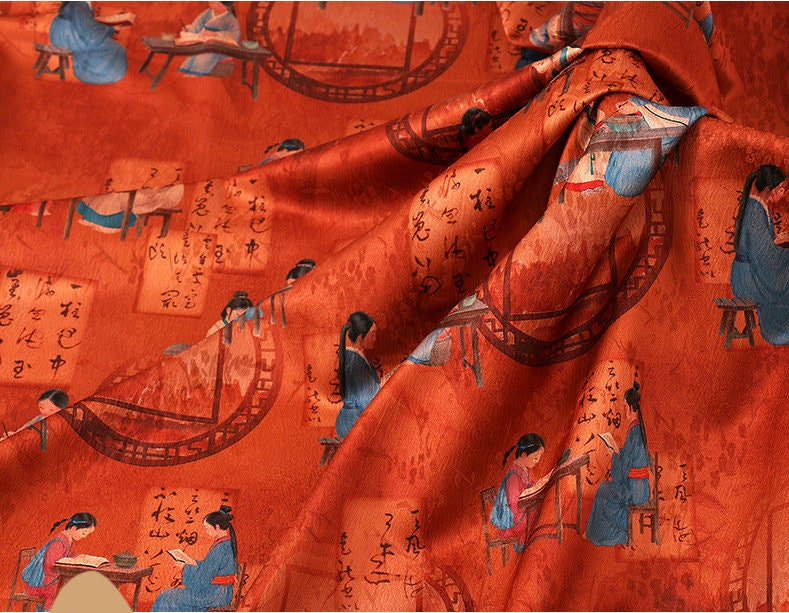 Red Ancient Ladies Fabric: Silken Upholstery, Costume, Doll Making (59"W)