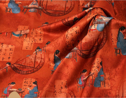 Red Ancient Ladies Fabric: Silken Upholstery, Costume, Doll Making (59"W)