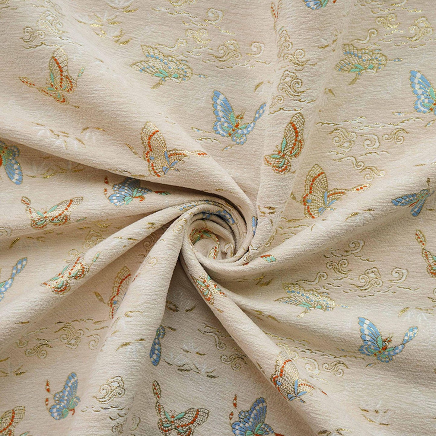 Beige Chenille Jacquard Fabric: Butterfly Foil Upholstery, Costume, Decor