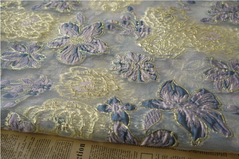 Blue & Gold Floral Organza Jacquard Fabric - 56" Wide