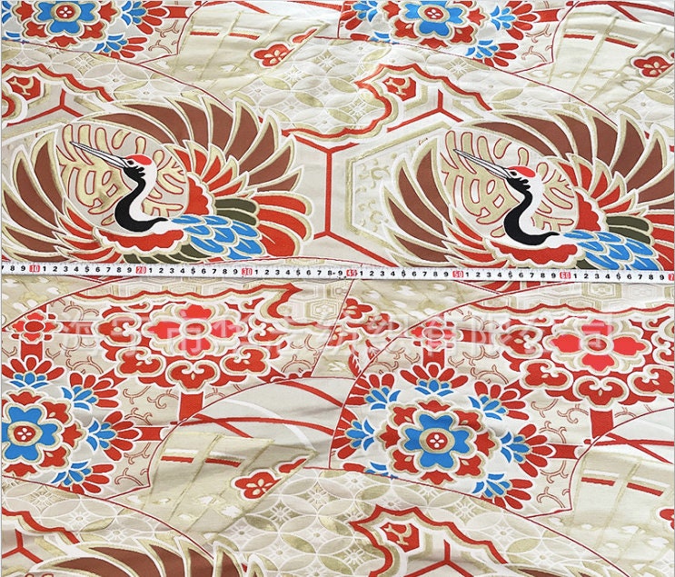 Japanese Crane Jacquard Satin Fabric: Birds & Floral Upholstery, Costume Sewing