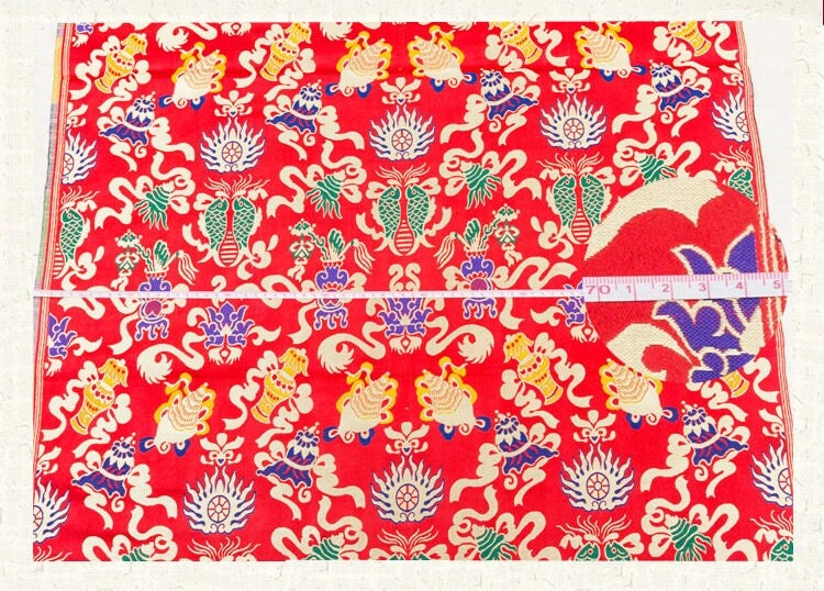 Tissu brocart de soie à double motif Poissons : Tissu de couture pour cheongsam bleu (29,5" de large)