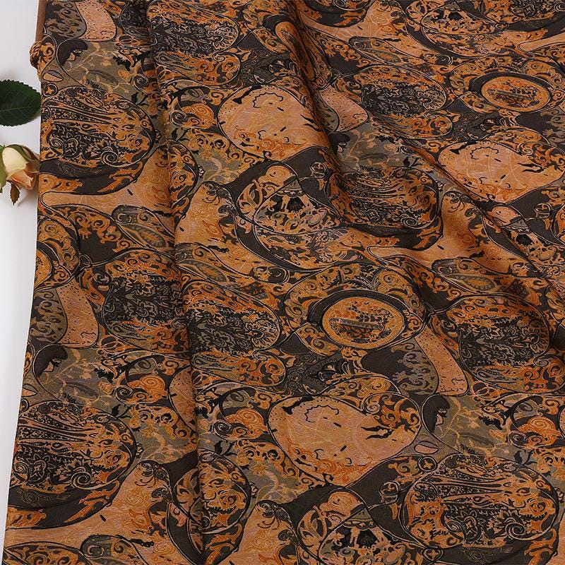 Traditional Fortune Symbol Brocade Fabric with Geometric Motifs by the Yard, 59" Wide