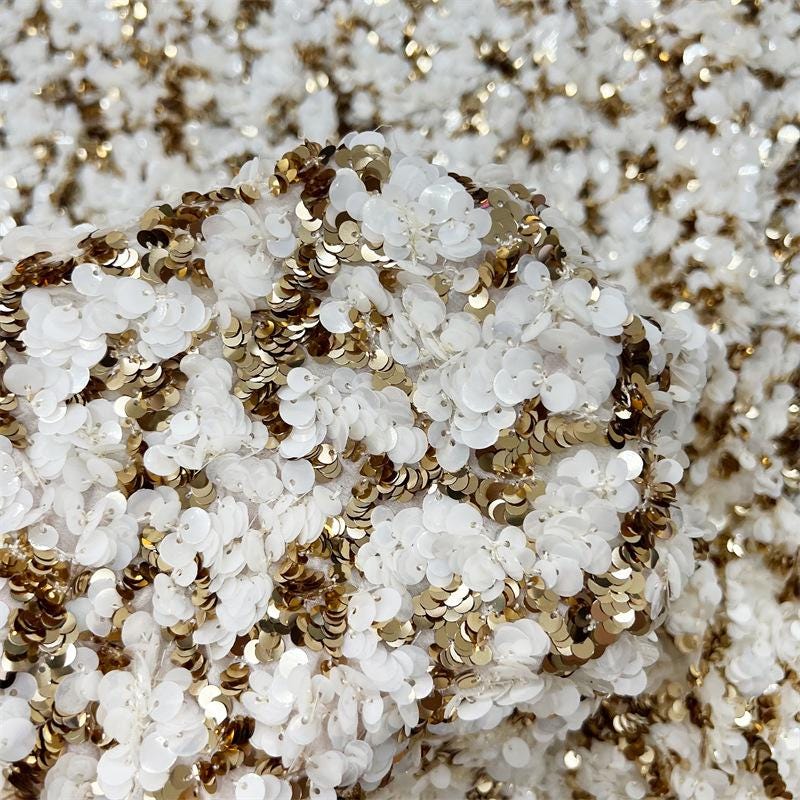 Gold Sequin Lace Fabric | Cream Embroidered Tulle, Bridal Dress, 51" W