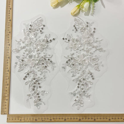 Embroidered Lace Trim: Light Ivory Bridal Applique with Sequins (By Pair)